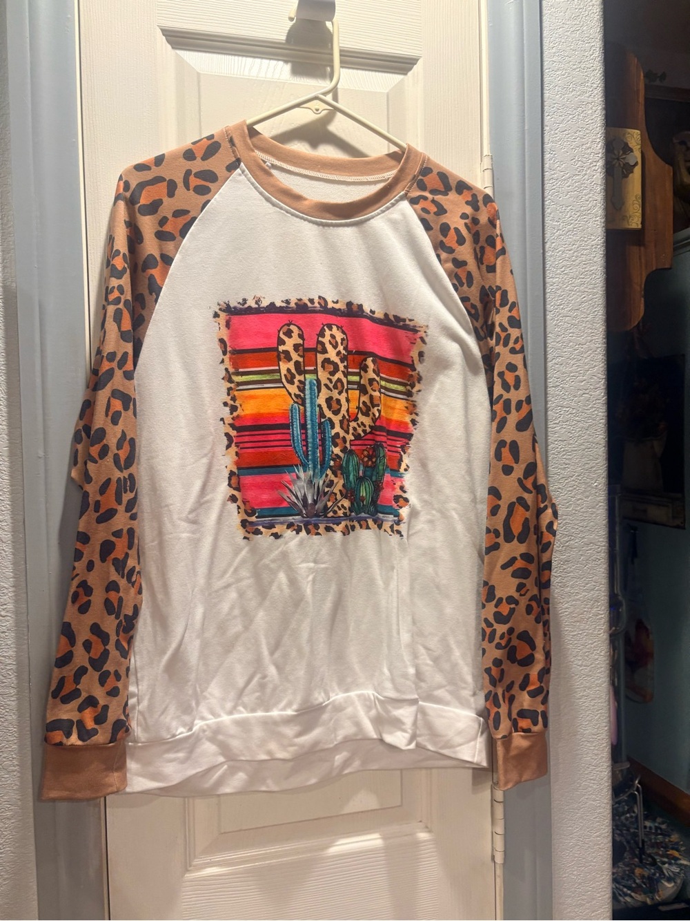 Women's Cream Raglan Sweatshirt with Leopard Sleeve and Cactus Graphic